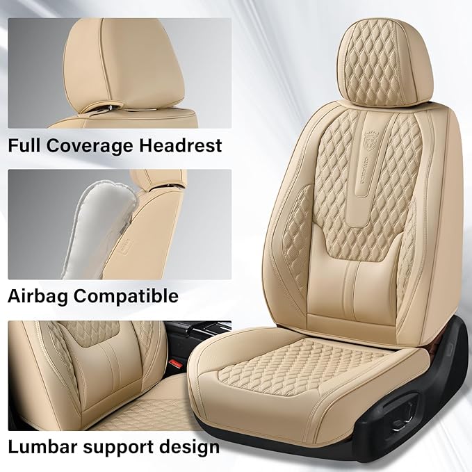 Coverado Car Seat Covers Full Set, Nappa Leather Seat Covers for Car, Waterproof Car Seat Protector with Lumbar Support, Auto