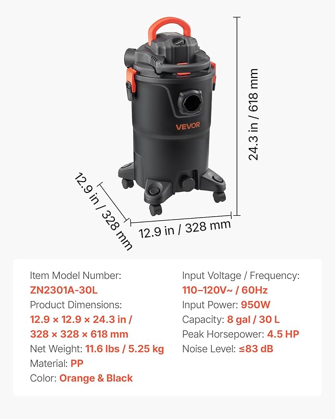 VEVOR 3-in-1 Shop Vac, 8 Gallon Wet Dry Shop Vacuum, 4.5 Peak HP Portable Vacuum Cleaner with Blower, Dual-Filter, 950W Input