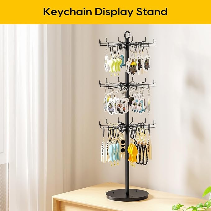 ORLESS 3 Tier Rotating Jewelry Display Stand, Keychain Display Stand with 36 Hooks, Black Metal Retail Display Spinning Holde