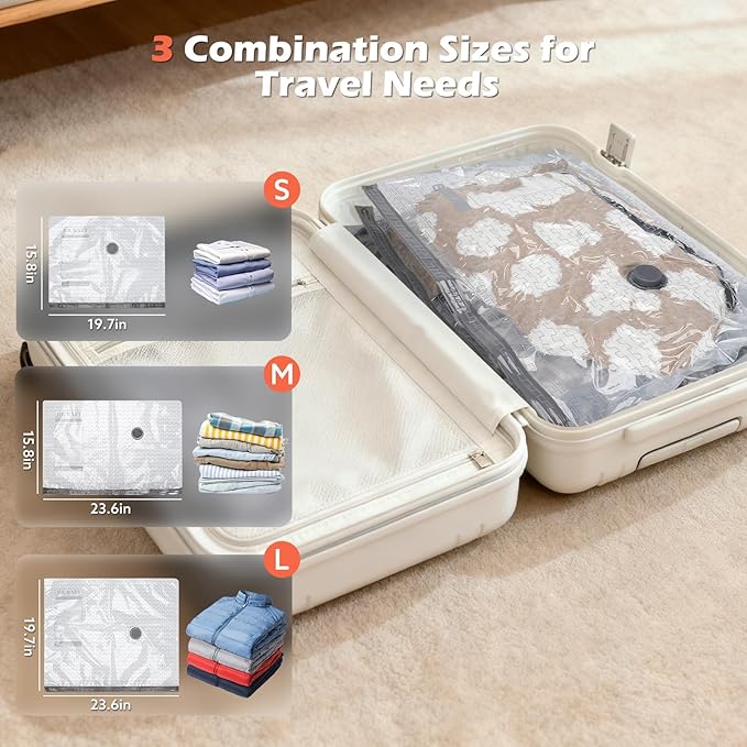 Travel Vacuum Bags with Wireless Charging Air Pump, 12 Pack Vacuum Seal Bags with 3 Sizes for Clothing Travel, Space Saver fo