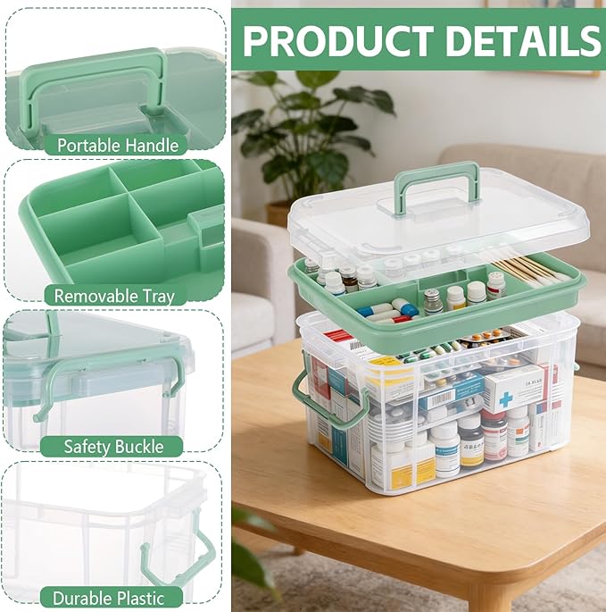2 Pack Clear Medicine Organizer Box with Handle Thickened Plastic Medicine Cabinet with Tray First Aid Box Empty Multipurpose