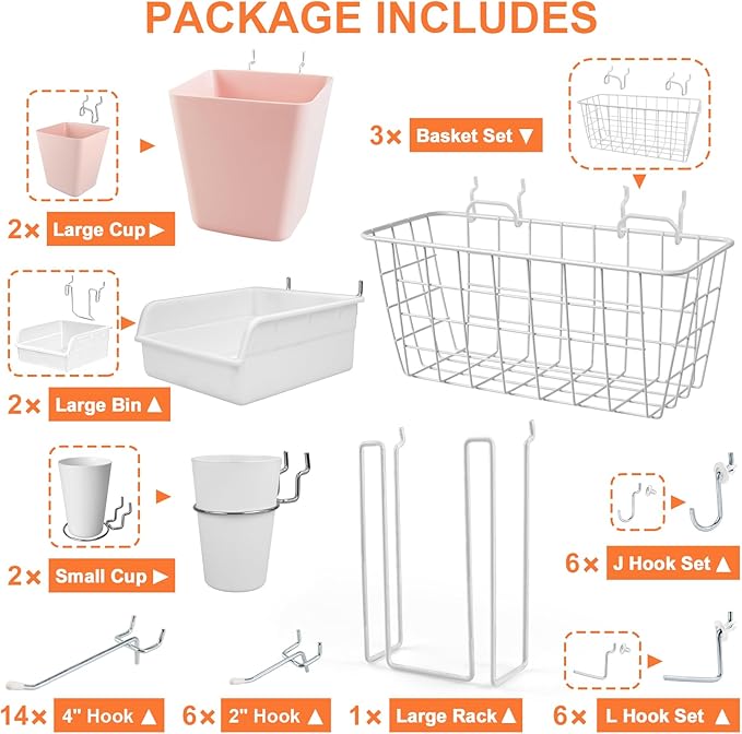 Pegboard Basket Organizers, Peg Board Large Baskets Hooks Bins Cups Tool Organizer 42 Pack Set, Wall Storage Display Hanging 