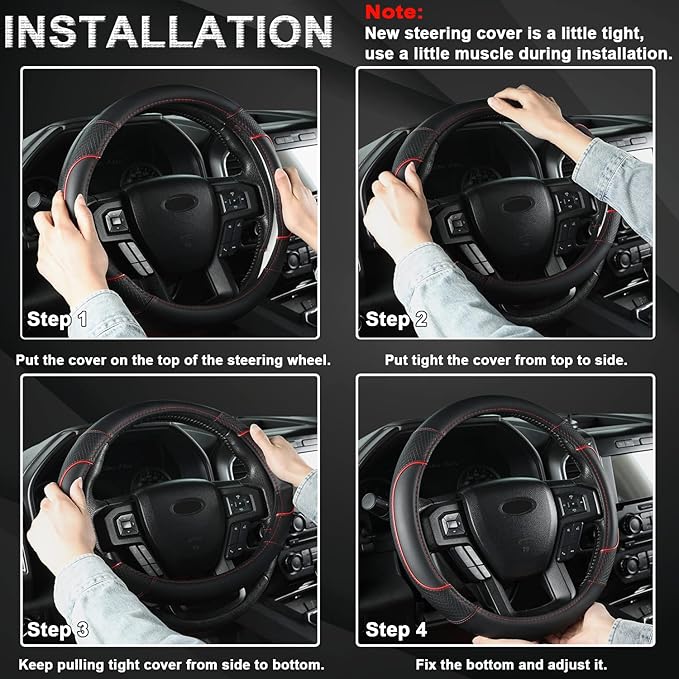 GIANT PANDA Steering Wheel Cover for Ford F150 F250 F350 Expedition - Black+Red Trim