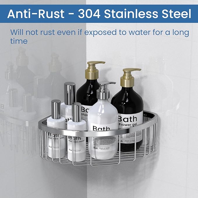 Shower Basket Brushed Stainless Shower Corner Shelf, 304 Caddy Stainless Steel Rustproof, Organizer Wall Mounted Basket(Inclu
