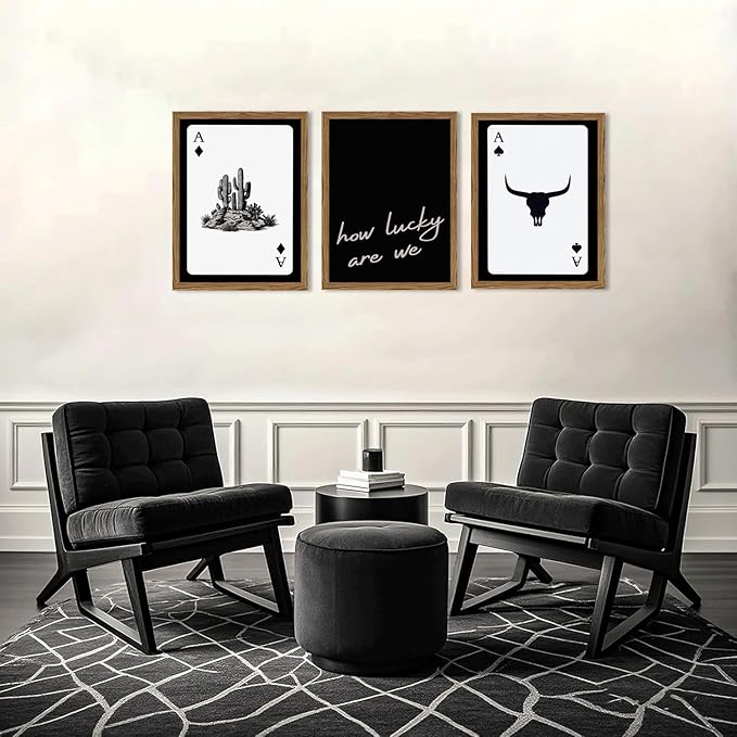 Western Wall Art Set of 3, Southwestern Cowboy Playing Card Wall Decor, Longhorn Bull Skull and How Lucky are We Poster Canva