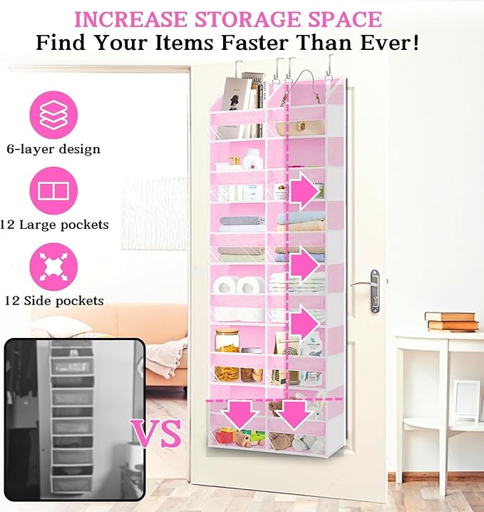 Over The Door Organizer 6 Tiers, Extra Large Behind Door Storage of 12 Compartments, 80 lbs Weight Capacity Hanging Storage O