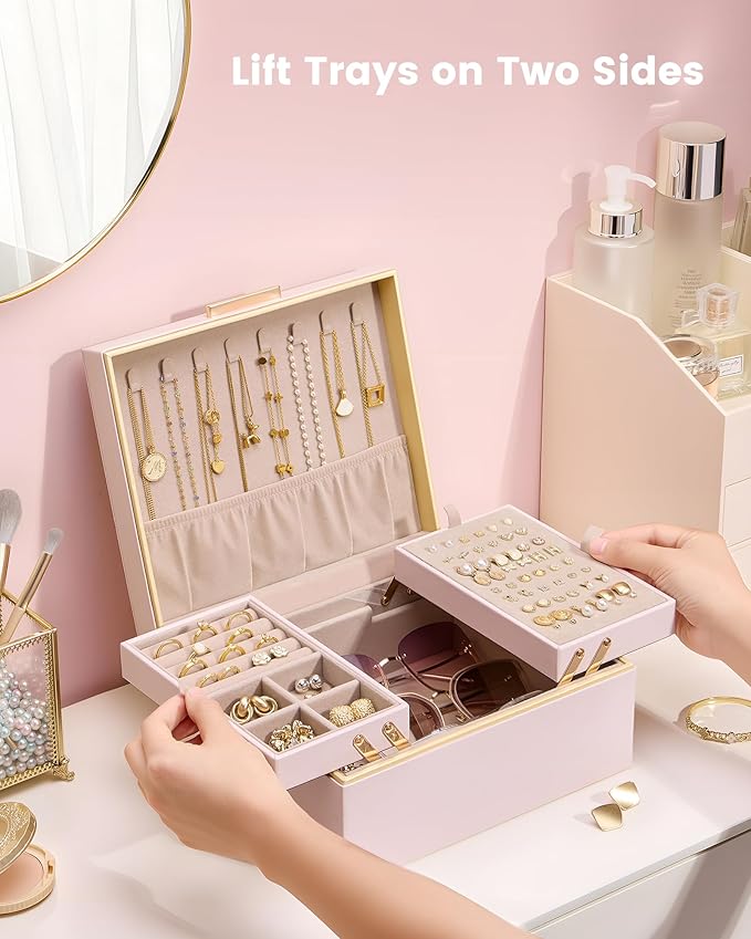 Lolalet Jewelry Box Organizer for Women Girls, 2 Layer Jewelry Organizers and Storage for Necklace Earrings Rings Bracelets, 