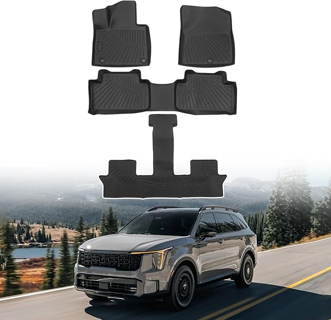 Powerty Floor Mats for 2021-2025 2026 Kia Sorento (Non-Hybrid) Accessories All Weather Floor Liner 3D TPE 1st & 2nd Row Floor Mat Heavy-Duty Floor Liners