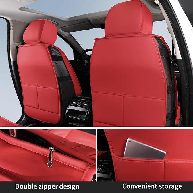 Nappa Leather Car Seat Covers Full Set, Red Car seat Protector 5 Seats, Waterproof Car Seat Cushion, Universal Automotive Sea