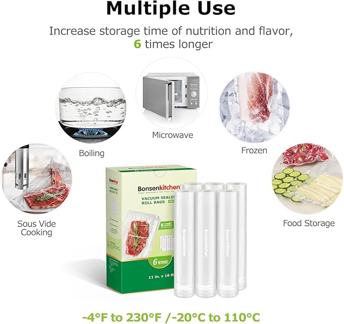 [2025 Upgraded] Bonsenkitchen 6 Rolls 11" x 16' Vacuum Sealer Bags for Food with a Color Box, Easy to Store, Commercial Grade