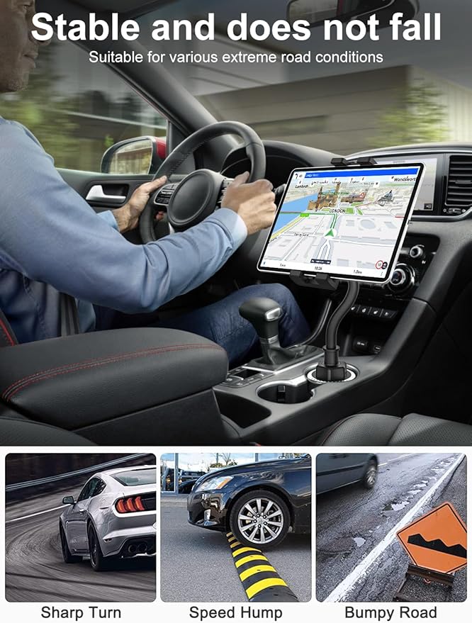GDZN Cup Holder Car Tablet Holder, 10.2" Gooseneck Flexible Long Arm Tablet Mount for Truck SUV Pickup, 360° Adjustable Cupholder for iPad Pro 12.9 11 Air Mini, Galaxy Tab, iPhone 17, 4-13" Devices