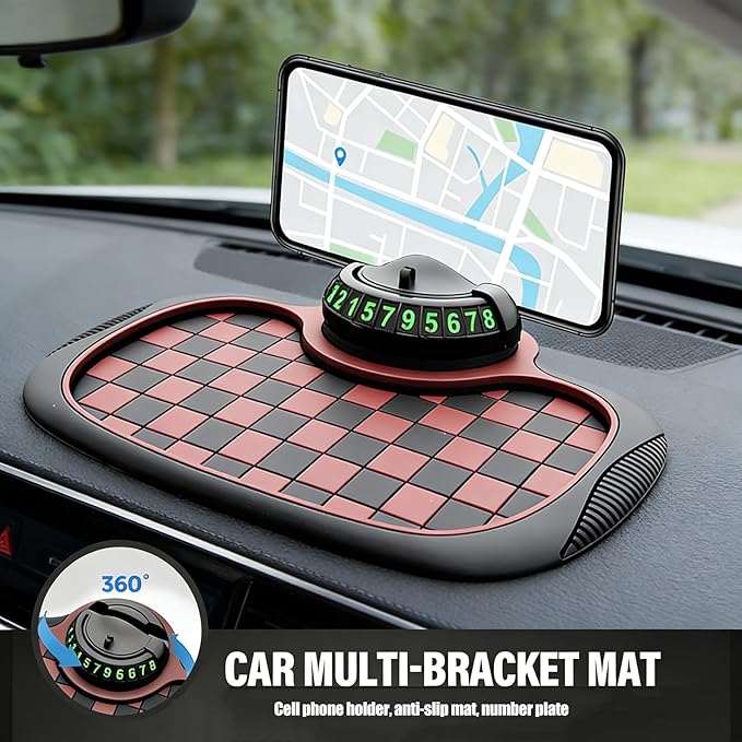 3-in-1 Car Dashboard Anti-Slip Mat, 360° Rotatable Phone Holder with Temporary Parking Number, Universal Fit Non-Slip Pad for
