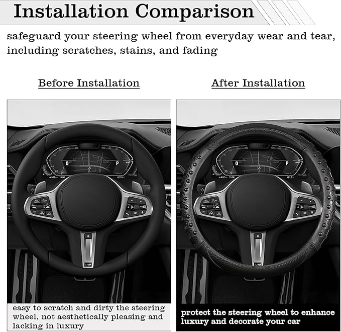 Car Leather Steering Wheel Cover - Carbon Fibre Material, Universal 14.5-15 Inch Leather Anti-Slip Breathable Auto Steering W