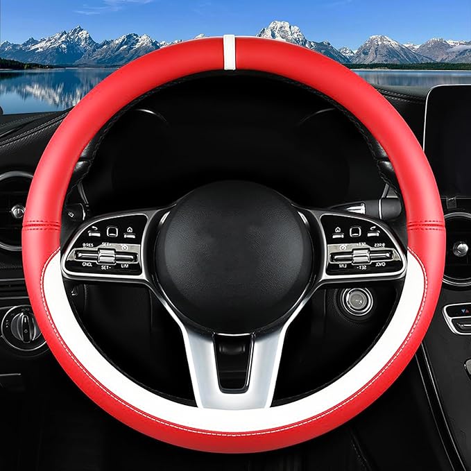 Car Leather Steering Wheel Cover - Panapi Material, Universal 14.5-15 Inch Leather Anti-Slip Breathable Auto Steering Wheel C