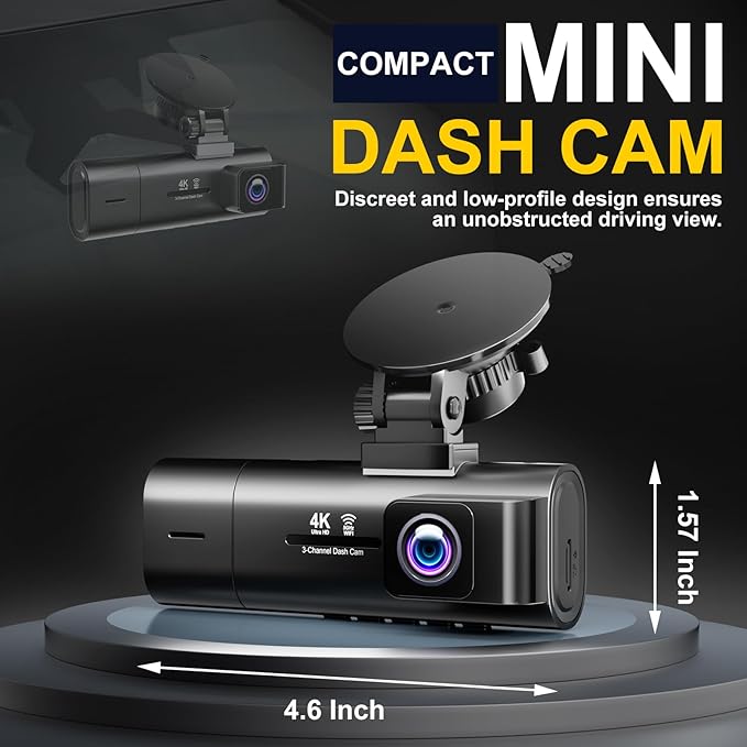4K Dash Cam Front and Rear Inside,3.16" IPS,3 Channel Dash Cam for Car with 5G WiFi,Free 64GB Card,170° Wide Angle,Loop Recor
