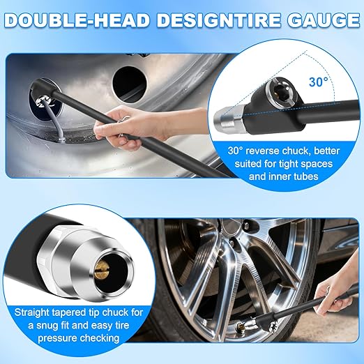 2-Pack Dual Head Tire Pressure Gauge, Heavy Duty Truck Tire Air Gauge Range 10-150PSI 1-10Bar, Straight-On Dual Head Air Pressure Gauge, for Semi Trucks, Rvs, Cars, Motorcycles Pressure Checker