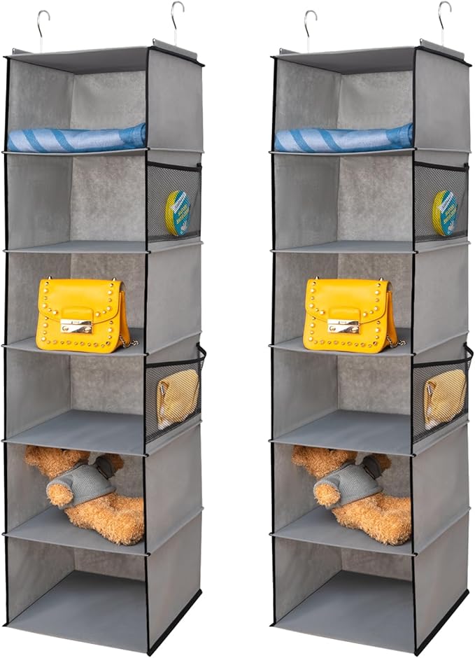 BrilliantJo 6 Shelves Hanging Closet Organizer, 2 Pack Hanging Storage with 4 Side Pockets for Clothes Shoes, 43.5"x12"x12"(G