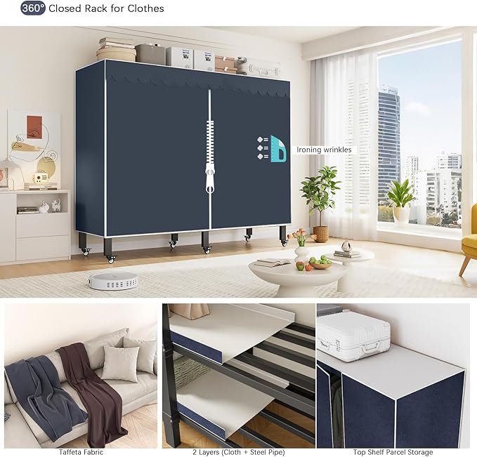 Garment Rack with Cover, Heavy Duty Portable Wardrobe Closet 2000LB, Foldable Clothe Rack with Wheel, Clothes Rack for Hangin