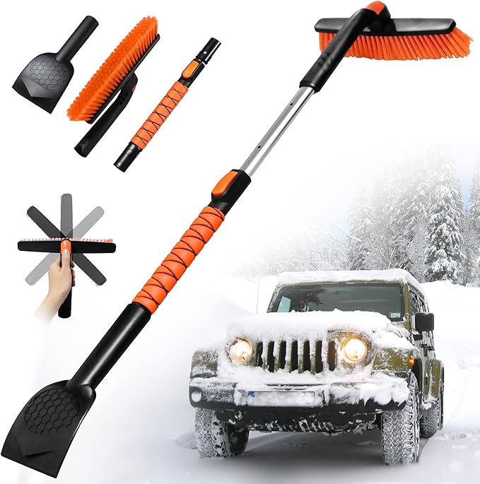 [Upgrade] 45" Extendable Snow Brush for Car Windshield, Military-Grade Sturdy Large Ice Scraper, 360° Pivoting Brush Head with Silicone Grip for Truck, SUV, Auto