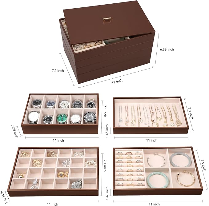 Voova Stackable Jewelry Organizer Tray with Lid, PU Leather Jewelry Storage Holder for Drawer Inserts, Jewellery Display Box 