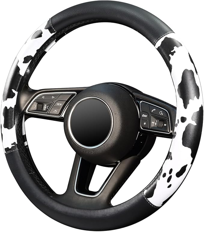 ZHOL Cow Print Steering Wheel Cover, Universal Fit 14.5-15 inch Premium Microfiber Leather Steering Wheel Protector for Cars/