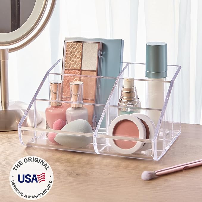 STORi Clear Plastic Vanity Makeup Organizer | 6-Compartment Holder for Brushes, Eyeshadow Palettes, & Beauty Supplies | Curve