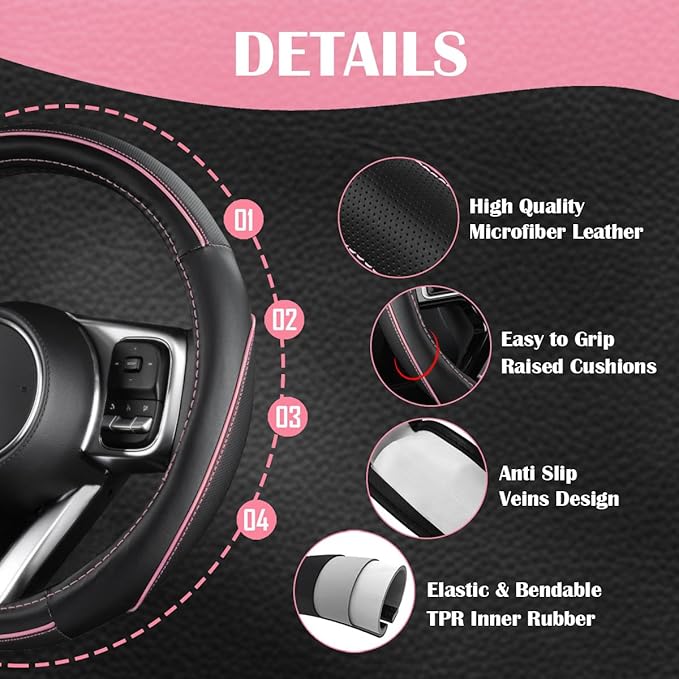 CAR PASS Car Seat Covers Full Set for Women Girls with Waterproof Car Floor Mats,Anti-Slip Leather Steering Wheel Cover,Unive
