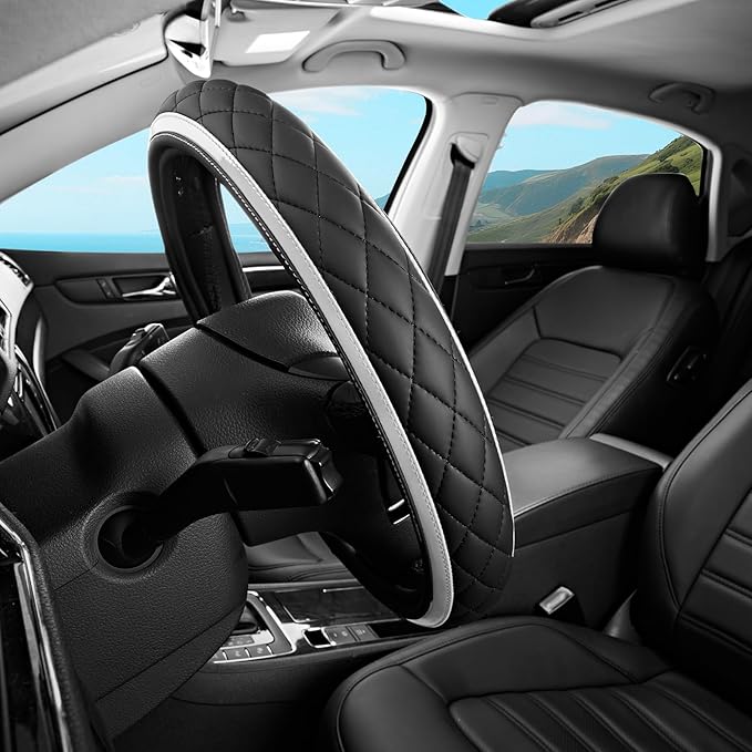 Road Comforts Leather Steering Wheel Cover – Black & Silver, Universal Fit 14.5-15 Inch, Microfiber Leather, Anti-Slip & Brea