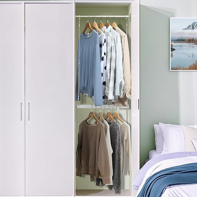 STORAGE MANIAC Hanging Closet Rod, Adjustable Width and Height Closet Hanging Organizer, Space-Saving Clothes Hanging Bar, Cl
