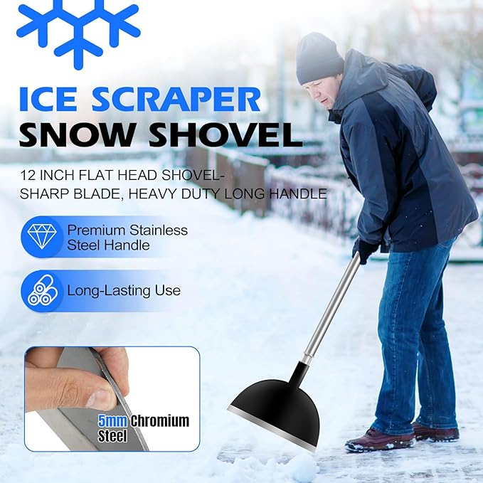 Snow Shovel, Ice Scraper, Floor Scraper Removal Tool, Flat Shovel Concrete Tools Long Handle for Driveway Sideway Walkway Road Garden Lawn Cleaning Heavy Duty - 12 INCH Wide Huge Size