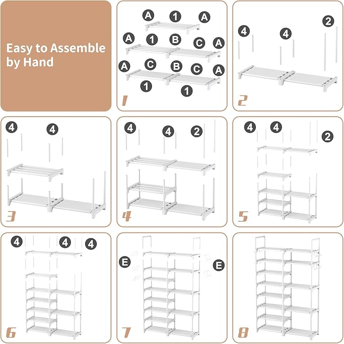 ROJASOP White Shoe Rack, Tall Metal Shoe Rack Organizer for Entryway Closet Garage, 8 Tier Large Shoe Shelf for 26-32 Pairs B