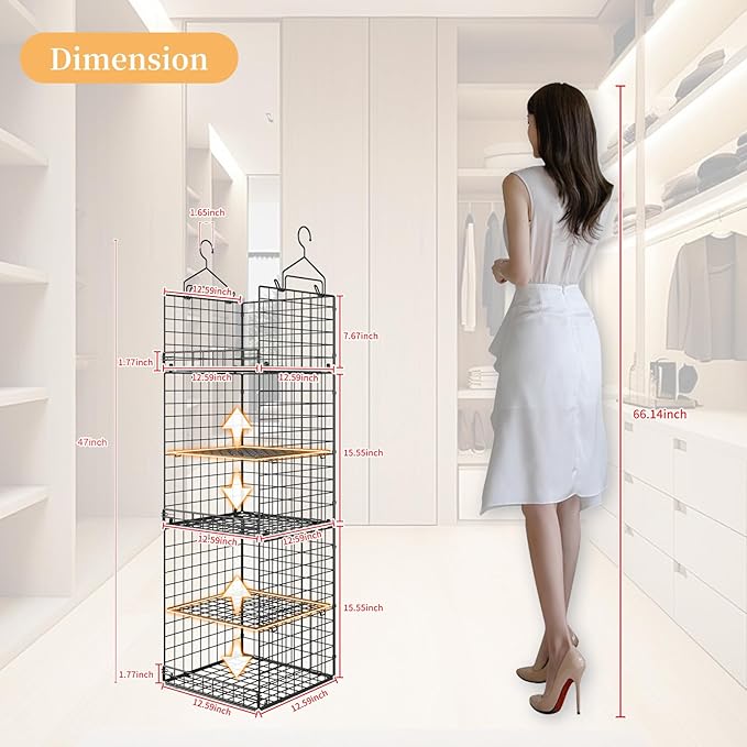 Yuyetuyo 5 Tier Closet Hanging Organizer and Storage Separable Hanging Closet Shelves with 4 Hooks 2 Adjustable Dividers, Wir
