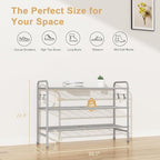VILICK 3 Tier Shoe Rack 33" Wide Metal Shoe Organizer Long Shoe Storage with 4 Side Hooks Sturdy Shoes Shelf for Front Door E