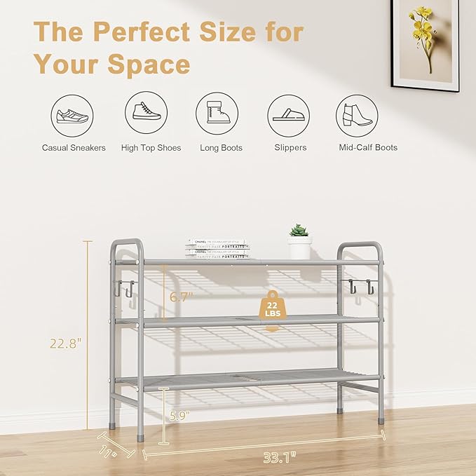 VILICK 3 Tier Shoe Rack 33" Wide Metal Shoe Organizer Long Shoe Storage with 4 Side Hooks Sturdy Shoes Shelf for Front Door E