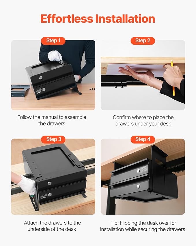 VEVOR Under Desk Double Stacked Lockable Slide Out Drawer, 13 inch Lockable Under Table Pull-out Drawer Attachment for Sit St
