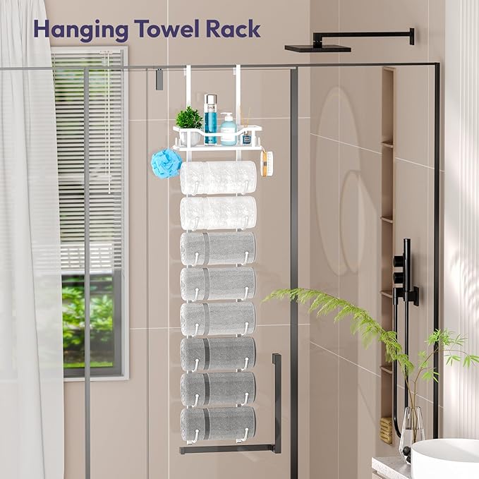 SWTYMIKI Over The Door Towel Rack - 9 Tier Towel Racks for Bathroom Wall Mounted, Towel Holder with Shelf, Hanging Rolled Tow