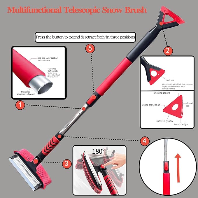 42" Car Snow Brush & Ice Scraper Red Snow Brush for Car Extendable, Upgraded Heavy Duty Pivoting Snow Broom for SUV Trucks Windshield Snow Cleaning