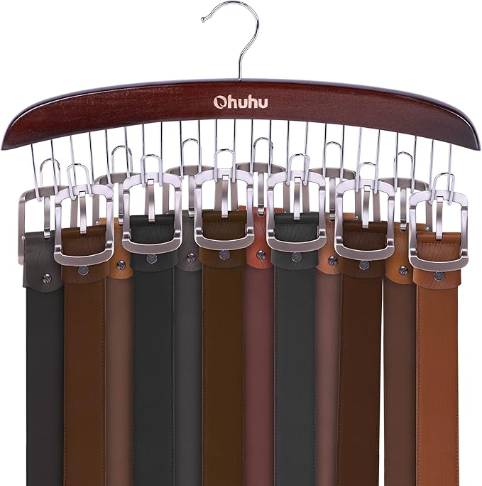 Belt Hanger Organizer for Closet: Ohuhu 12 Hooks Max 36 Belts Tie Rack Wooden Belt Holder for Storage 360 Degree Rotating Spa