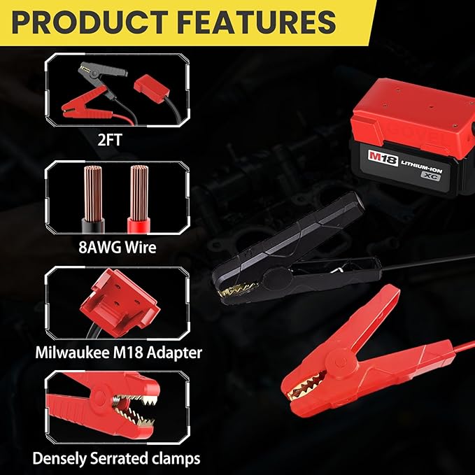 M18 Jumper Cables for Milwaukee 18V Batteries | 2FT 8AWG Booster Cable with Alligator Clips | Jump Start Cars/RVs& Charge Tools | 392°F/200°C Silicone Wire Heat Resistant (Battery Not Included)