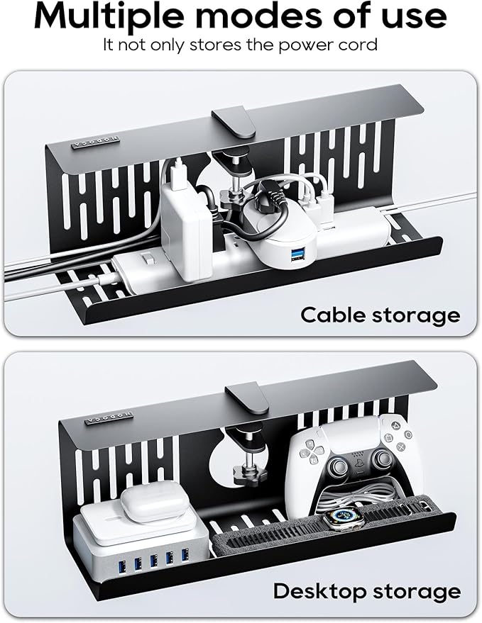NODOCA No Drill Under Desk Cable Management Tray, 14'' Wire Management, Punch-Free Clamp on, Metal Cable Tray, Wire Organizer