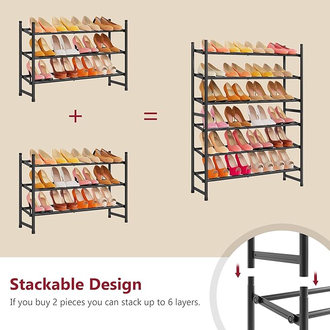 Tajsoon Expandable Shoe Rack for Closet 3 Tier, 28“-41“Adjustable & Stackable Shoe Shelf Storage, Metal Shoe Rack Organizer f