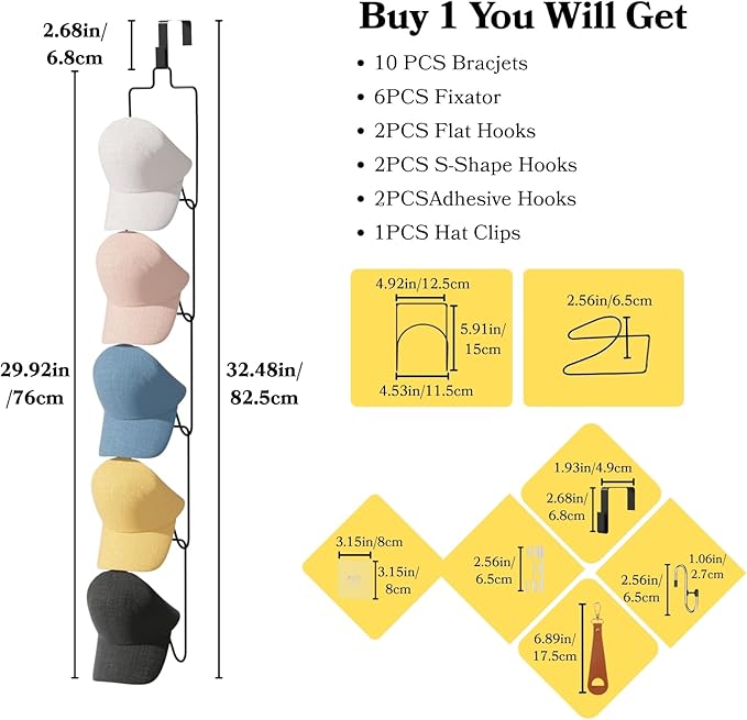 10Pack Over The Door Hat Organizer for baseball caps | Multi-Functional Baseball Hat Rack for Closet | Wall Mounted Hat s tor