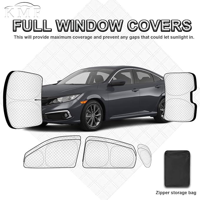 KMF 8pcs Thicken Full Sun Shades for Honda Civic Sedan 2016-2021(Not Hatchback) Accessories, Car Window Covers Sunshade for Windshield Side Rear, UV Block and Blackout Privacy for Camping Outdoor