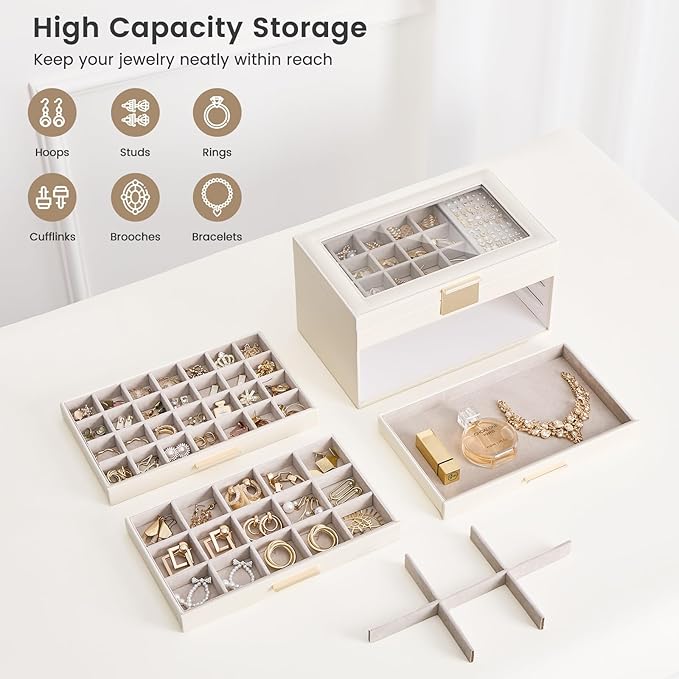 Lolalet Earring Storage Box Case with Glass Top, Large Earring Jewelry Holder Organizer Display with Drawer and Grid, Gifts f