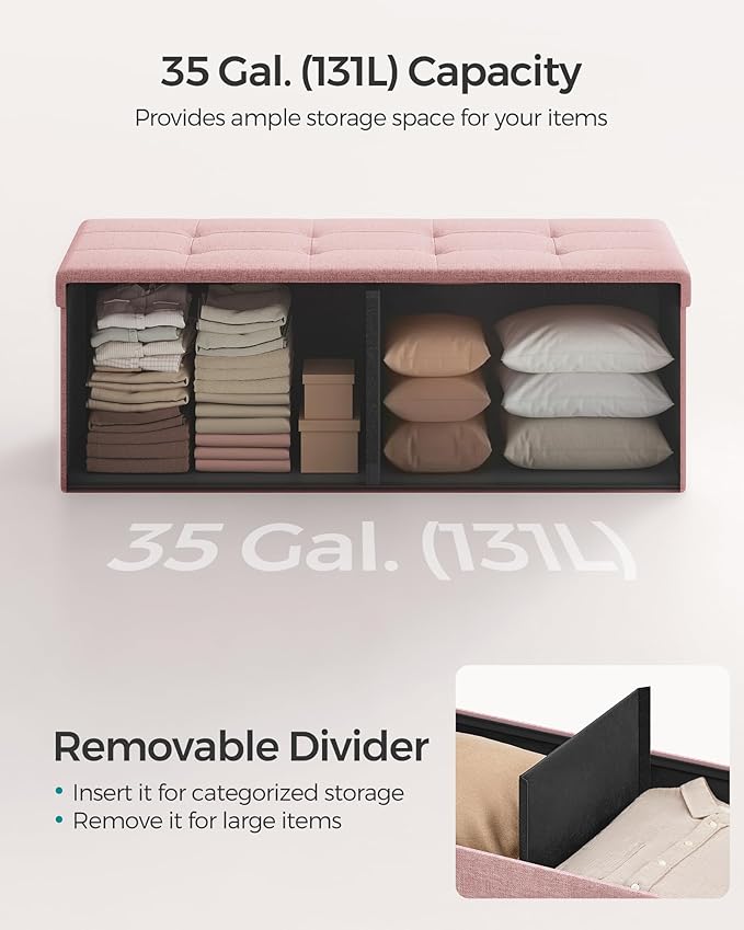 SONGMICS MAZIE Collection - 43 Inches Folding Storage Ottoman Bench, Ottoman Foot Rest, End of Bed Bench, Storage Chest, Load