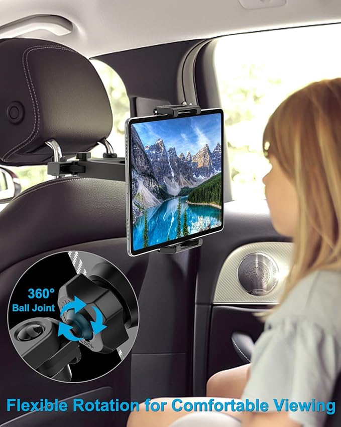 Car Back Seat Tablet Holder, [Thick Case Friendly] Car Headrest Tablet Mount Stand with Extension Arm, Road Trip Essentials for Kid, Fits iPad Pro 12.9 Air Mini, Tab, iPhone, 6.1-13" Device