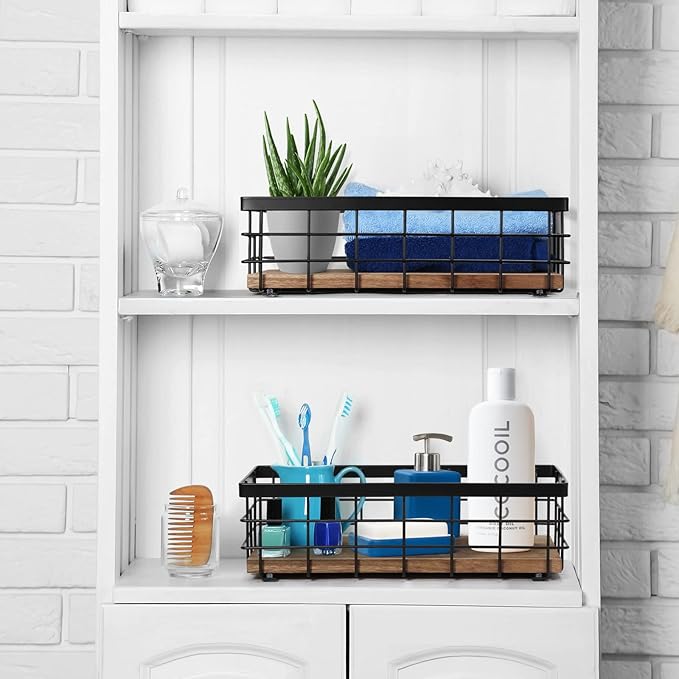TJ.MOREE Small Metal Wire Basket, Decorative Wood Base Organizer for Bathroom, Kitchen, Basket for Toilet Paper Storage, Suga
