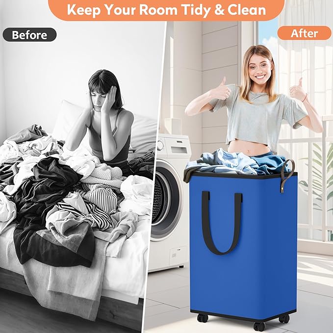 SpaceTrove Laundry Basket with Wheels, Collapsible Laundry Baskets, Laundry Hamper with Handles Detachable Wheels, Rolling La