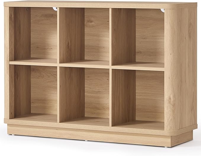 Joaxswe 6 Cube Storage Book Shelf, 40" Wide Low Horizontal Bookcase with Curved Edge, Floor Standing 2-Tier Wooden Bookshelf 