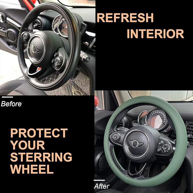 PINCTROT Nappa Leather Steering Wheel Cover, Slim Fit No Bulk Design, One Piece Leather with Breathable Perforation, Fit Like